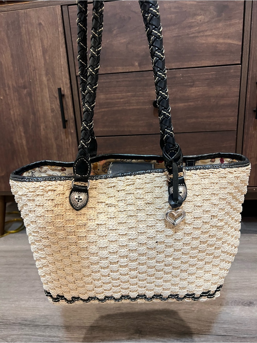 Vintage Brighton Peggy Woven Jute Straw Bag with Braided Leather Black Handle